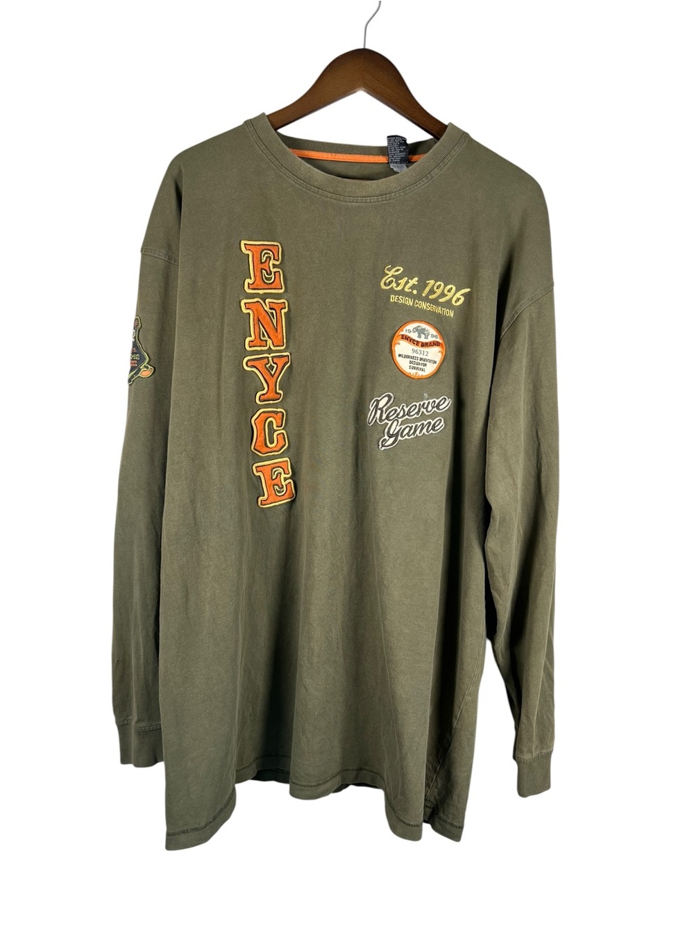 VTG Y2K ENYCE Spellout Army Green Long Sleeve Shirt 3XL Patches Skater Grunge